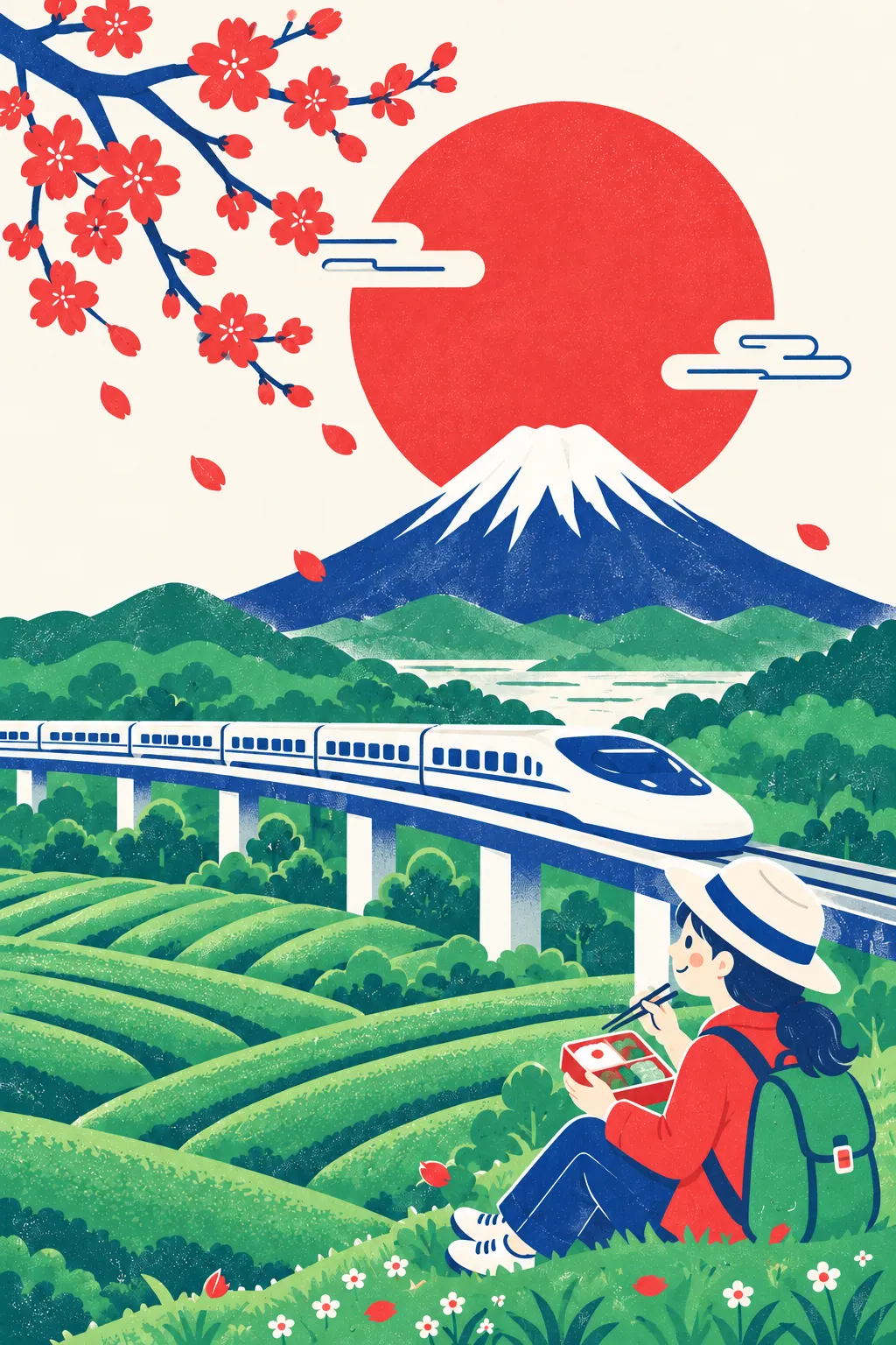 Travel poster: a shinkansen sweeps past Mt. Fuji while a traveler eats an ekiben
